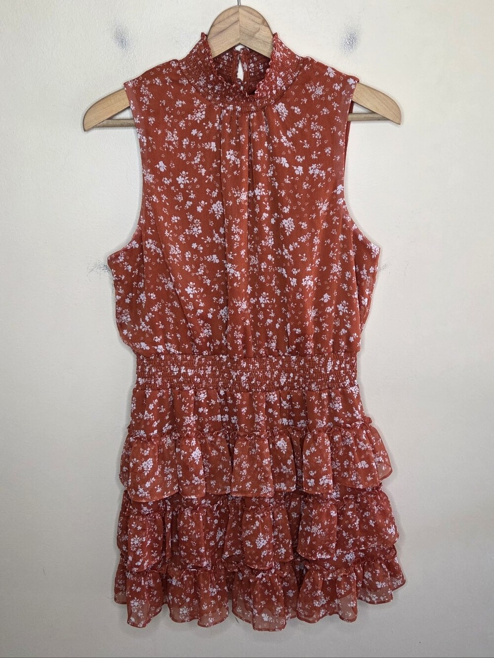 1.State Burnt Orange Floral Ruffle Mockneck Mini Dress Size Large Boho Cottage